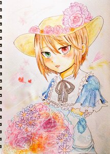 Rating: Safe Score: 0 Tags: 1girl blonde_hair bouquet flower green_eyes hat hat_flower heterochromia image pink_flower pink_rose red_eyes red_flower rose short_hair solo souseiseki traditional_media watercolor_(medium) User: admin