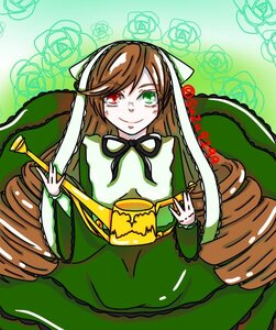 Rating: Safe Score: 0 Tags: 1girl brown_hair dress drill_hair flower frills green_dress green_eyes heterochromia image long_hair long_sleeves looking_at_viewer red_eyes rose smile solo suiseiseki twin_drills very_long_hair watering_can yellow_rose User: admin