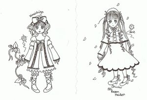 Rating: Safe Score: 0 Tags: 2girls bow dress flower full_body hinaichigo image long_hair long_sleeves monochrome multiple_girls pair ribbon shinku shoes standing striped User: admin