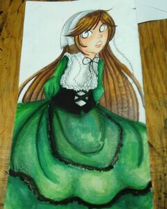 Rating: Safe Score: 0 Tags: 1girl brown_hair dress frills green_dress hat head_scarf image long_hair long_sleeves photo solo suiseiseki traditional_media very_long_hair User: admin