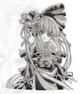 Rating: Safe Score: 0 Tags: 1girl bonnet bow dress frills greyscale image long_hair long_sleeves looking_at_viewer monochrome ribbon shinku simple_background solo traditional_media very_long_hair white_background User: admin