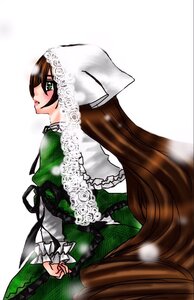 Rating: Safe Score: 0 Tags: 1girl brown_hair dress frills green_dress green_eyes head_scarf image long_hair long_sleeves looking_at_viewer looking_back profile solo suiseiseki very_long_hair white_background User: admin