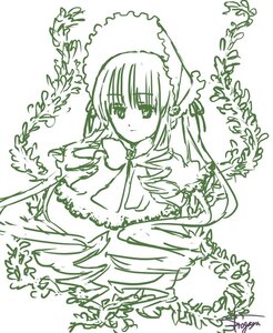 Rating: Safe Score: 0 Tags: 1girl dress green_theme image long_hair long_sleeves looking_at_viewer monochrome plant shinku signature simple_background solo very_long_hair vines white_background User: admin