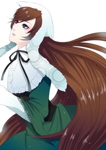 Rating: Safe Score: 0 Tags: 1girl black_ribbon blue_eyes brown_hair dress frills green_dress head_scarf heterochromia image long_hair long_sleeves looking_at_viewer neck_ribbon parted_lips ribbon solo suiseiseki very_long_hair white_background User: admin