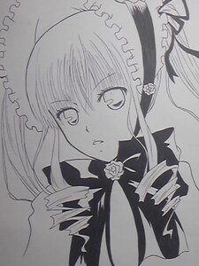 Rating: Safe Score: 0 Tags: 1girl bonnet bow bowtie drill_hair flower frills image long_hair looking_at_viewer marker_(medium) monochrome photo ringlets rose shikishi shinku simple_background solo suigintou traditional_media twin_drills upper_body User: admin