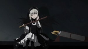 Rating: Safe Score: 0 Tags: 1girl black_dress boots closed_mouth cross dress frills hairband holding image long_sleeves sitting solo suigintou weapon User: admin