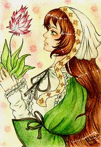 Rating: Safe Score: 0 Tags: 1girl artist_name bangs brown_hair dress flower frills from_side green_dress head_scarf image long_hair long_sleeves profile ribbon signature solo suiseiseki upper_body very_long_hair User: admin