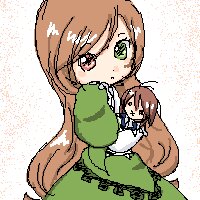 Rating: Safe Score: 0 Tags: 1girl apron bangs brown_hair dress green_eyes halftone halftone_background image long_hair long_sleeves necktie pixel_art polka_dot polka_dot_background smile solo standing suiseiseki very_long_hair User: admin