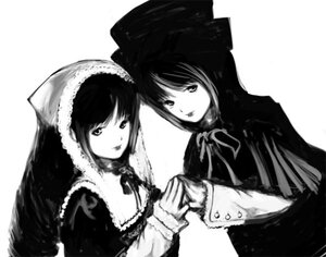 Rating: Safe Score: 0 Tags: 2girls greyscale holding_hands hood image interlocked_fingers long_sleeves looking_at_viewer monochrome multiple_girls pair ribbon simple_background souseiseki suiseiseki upper_body white_background User: admin