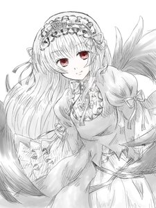 Rating: Safe Score: 0 Tags: 1girl dress flower frills hairband image juliet_sleeves lolita_hairband long_hair long_sleeves looking_at_viewer monochrome puffy_sleeves ribbon rose simple_background smile solo suigintou white_background wings User: admin