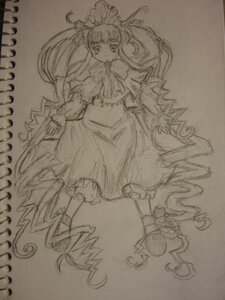 Rating: Safe Score: 0 Tags: 1girl auto_tagged dress frills full_body image long_hair long_sleeves monochrome shinku simple_background sketch solo standing traditional_media twintails very_long_hair User: admin