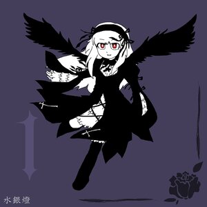 Rating: Safe Score: 0 Tags: 1girl black_wings dress image long_hair looking_at_viewer monochrome purple_background red_eyes simple_background solo suigintou thighhighs wings User: admin