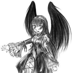 Rating: Safe Score: 0 Tags: 1girl :d auto_tagged blush dress frills greyscale hairband image juliet_sleeves long_hair long_sleeves looking_at_viewer monochrome open_mouth simple_background smile solo striped suigintou traditional_media white_background wings User: admin