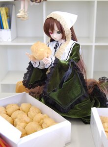 Rating: Safe Score: 0 Tags: 1girl auto_tagged blurry blurry_background blurry_foreground brown_hair depth_of_field doll dress food frills green_dress green_eyes heterochromia long_hair long_sleeves looking_at_viewer photo red_eyes sitting solo suiseiseki very_long_hair User: admin