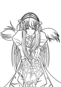 Rating: Safe Score: 0 Tags: 1girl auto_tagged blush dress frills greyscale hairband image lolita_hairband long_hair long_sleeves monochrome ribbon simple_background smile solo suigintou white_background User: admin