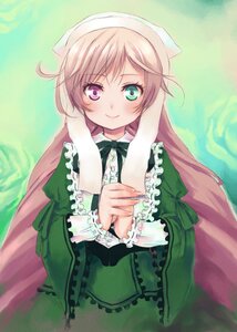 Rating: Safe Score: 0 Tags: 1girl brown_hair dress frills green_background green_dress green_eyes hat head_scarf heterochromia image long_hair long_sleeves looking_at_viewer smile solo suiseiseki very_long_hair User: admin