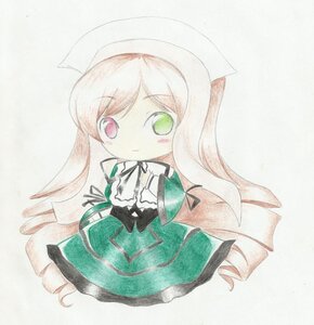 Rating: Safe Score: 0 Tags: 1girl blush chibi closed_mouth colored_pencil_(medium) green_dress green_eyes hat head_scarf heterochromia image long_hair long_sleeves looking_at_viewer simple_background smile solo suiseiseki traditional_media very_long_hair watercolor_(medium) User: admin