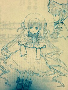 Rating: Safe Score: 0 Tags: 1girl bonnet bow capelet dress frills image long_hair long_sleeves looking_at_viewer monochrome shinku solo standing traditional_media twintails very_long_hair User: admin