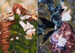 Rating: Safe Score: 0 Tags: 2girls aoi_yuuka_(ao_no_kokoro) blush brown_hair commentary_request dress drill_hair frills green_eyes hairband heterochromia image long_hair long_sleeves looking_at_viewer lying multiple_girls pair purple_hair red_eyes rozen_maiden suigintou suiseiseki traditional_media very_long_hair wings User: admin