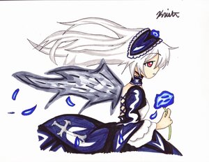 Rating: Safe Score: 0 Tags: 1girl black_wings blue_flower blue_rose dress flower hairband image long_hair long_sleeves purple_rose rose silver_hair solo striped suigintou wings User: admin