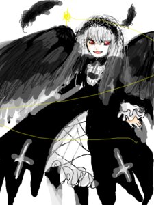 Rating: Safe Score: 0 Tags: 1girl bird black_dress black_feathers black_wings cross dress feathered_wings feathers flower frilled_sleeves frills hairband image lolita_hairband long_hair long_sleeves looking_at_viewer open_mouth red_eyes rose smile solo suigintou wings User: admin