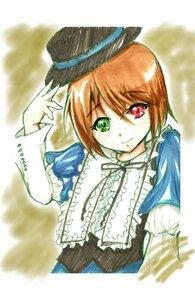 Rating: Safe Score: 0 Tags: 1girl bangs blue_dress brown_hair closed_mouth dress eyebrows_visible_through_hair frills green_eyes hat heterochromia image long_sleeves looking_at_viewer red_eyes ribbon short_hair smile solo souseiseki suiseiseki top_hat upper_body User: admin