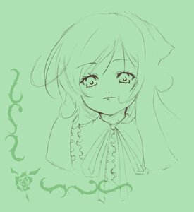 Rating: Safe Score: 0 Tags: 1girl bangs eyebrows_visible_through_hair green_background green_theme image lineart long_hair looking_at_viewer monochrome simple_background solo suiseiseki upper_body User: admin