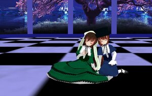 Rating: Safe Score: 0 Tags: 2girls brown_hair checkered checkered_floor closed_eyes dress green_dress hat holding_hands image long_sleeves multiple_girls pair shoes short_hair sitting souseiseki suiseiseki User: admin