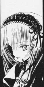 Rating: Safe Score: 0 Tags: 1girl greyscale hairband image looking_at_viewer monochrome ribbon simple_background solo suigintou User: admin