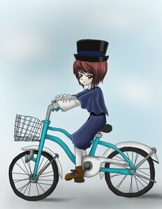 Rating: Safe Score: 0 Tags: 1girl bangs bicycle bicycle_basket blue_background brown_hair full_body gradient gradient_background green_eyes ground_vehicle hat image long_sleeves looking_at_viewer red_eyes riding shoes short_hair solo souseiseki standing top_hat white_legwear User: admin