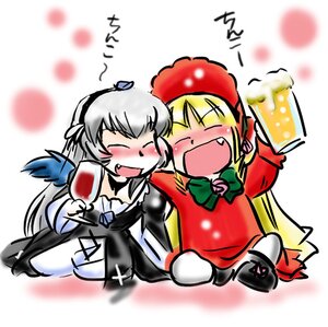 Rating: Safe Score: 0 Tags: 2girls alcohol azuki_osamitsu beer beer_mug blonde_hair blush bonnet chibi closed_eyes commentary_request cup dress drinking_glass drunk fang holding_cup image long_hair lowres mug multiple_girls open_mouth pair rozen_maiden shinku silver_hair smile suigintou wine wine_glass wings User: admin