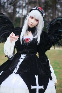 Rating: Safe Score: 0 Tags: 1girl black_dress black_wings blurry blurry_background closed_mouth depth_of_field dress feathered_wings flower frills gothic_lolita hairband lolita_fashion lolita_hairband long_hair long_sleeves looking_at_viewer red_eyes rose silver_hair solo suigintou wings User: admin