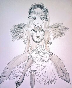 Rating: Safe Score: 0 Tags: 1girl bangs bow dress feathered_wings frills hairband image juliet_sleeves lolita_hairband long_hair long_sleeves looking_at_viewer monochrome ribbon solo suigintou traditional_media wings User: admin