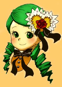 Rating: Safe Score: 0 Tags: 1girl blush bowtie closed_mouth drill_hair flower green_eyes green_hair hat hat_flower image kanaria looking_at_viewer orange_background ringlets rose simple_background smile solo twin_drills yellow_background User: admin