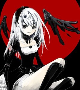 Rating: Safe Score: 0 Tags: 1girl black_wings boots detached_collar dress image knee_boots long_hair long_sleeves looking_at_viewer sitting smile solo suigintou white_hair wings User: admin