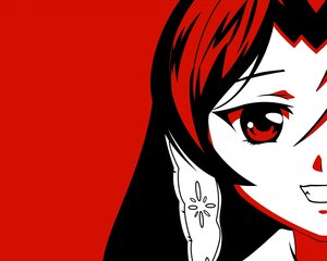 Rating: Safe Score: 0 Tags: 1girl black_hair close-up image limited_palette looking_at_viewer monochrome portrait red_background red_eyes red_theme short_hair simple_background solo spot_color suiseiseki User: admin
