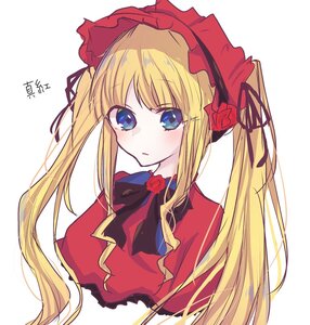 Rating: Safe Score: 0 Tags: 1girl bangs blonde_hair blue_eyes blush bonnet bow capelet eyebrows_visible_through_hair flower image long_hair looking_at_viewer red_flower rose shinku sidelocks simple_background solo twintails upper_body white_background User: admin