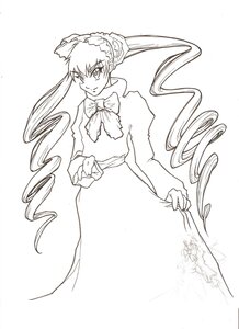 Rating: Safe Score: 0 Tags: 1girl bonnet bow bowtie dress drill_hair image long_hair long_sleeves looking_at_viewer monochrome shinku simple_background solo twin_drills twintails very_long_hair white_background User: admin