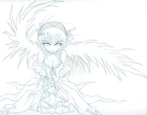 Rating: Safe Score: 0 Tags: 1girl bare_shoulders breasts cleavage detached_collar dress feathered_wings frills hairband image long_sleeves looking_at_viewer medium_breasts monochrome ribbon solo standing suigintou wings User: admin