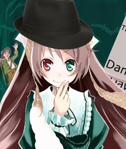 Rating: Safe Score: 0 Tags: brown_hair dress green_dress green_eyes hat heterochromia image long_hair long_sleeves looking_at_viewer red_eyes smile solo suiseiseki very_long_hair User: admin