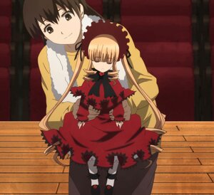 Rating: Safe Score: 0 Tags: 1boy 1girl blonde_hair bonnet bow bowtie dress image long_hair long_sleeves looking_at_viewer red_dress shinku sitting solo standing twintails very_long_hair User: admin