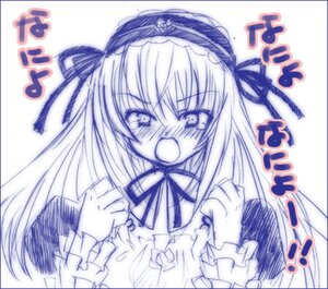 Rating: Safe Score: 0 Tags: 1girl blue_theme blush dress frilled_sleeves frills hairband image long_hair long_sleeves looking_at_viewer monochrome nose_blush open_mouth ribbon shikishi simple_background solo suigintou tears traditional_media upper_body white_background User: admin