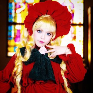 Rating: Safe Score: 0 Tags: 1girl bangs blonde_hair blue_eyes blurry blurry_background bonnet depth_of_field dress long_hair long_sleeves looking_at_viewer photo red_dress shinku solo upper_body User: admin