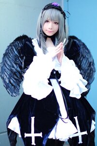 Rating: Safe Score: 0 Tags: 1girl bangs black_wings blue_background closed_mouth dress feathered_wings feathers frills gothic_lolita hairband long_hair long_sleeves looking_at_viewer red_eyes silver_hair solo suigintou wings User: admin