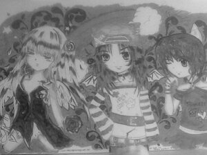 Rating: Safe Score: 0 Tags: 3girls flower greyscale hair_ornament hat image long_hair looking_at_viewer monochrome multiple multiple_girls one_eye_closed rose short_hair smile star_(symbol) tagme traditional_media User: admin