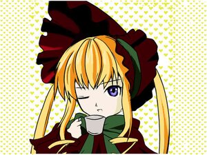 Rating: Safe Score: 0 Tags: 1girl blonde_hair blue_eyes bow cup halftone halftone_background holding_cup image long_hair long_sleeves looking_at_viewer one_eye_closed polka_dot polka_dot_background shinku sidelocks solo tea teacup twintails yellow_background User: admin