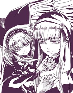 Rating: Safe Score: 0 Tags: 2girls dress frills hairband image long_hair long_sleeves looking_at_viewer monochrome multiple_girls pair shinku simple_background smile suigintou wings User: admin