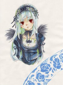 Rating: Safe Score: 0 Tags: 1girl bangs black_ribbon cross-laced_clothes detached_collar dress feathers flower frills hairband image long_sleeves looking_at_viewer red_eyes ribbon rose simple_background solo suigintou traditional_media upper_body wings User: admin