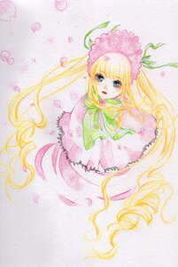 Rating: Safe Score: 0 Tags: 1girl blonde_hair blue_eyes bonnet bow bowtie capelet dress drill_hair flower image long_hair long_sleeves looking_at_viewer petals pink_flower pink_rose shinku simple_background solo traditional_media very_long_hair watercolor_(medium) User: admin