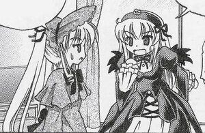 Rating: Safe Score: 0 Tags: 2girls blush dress greyscale hat image long_hair long_sleeves monochrome multiple_girls open_mouth pair shinku suigintou wings User: admin